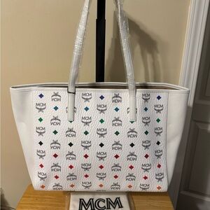 MCM White Multicolor Logo Tote Bag